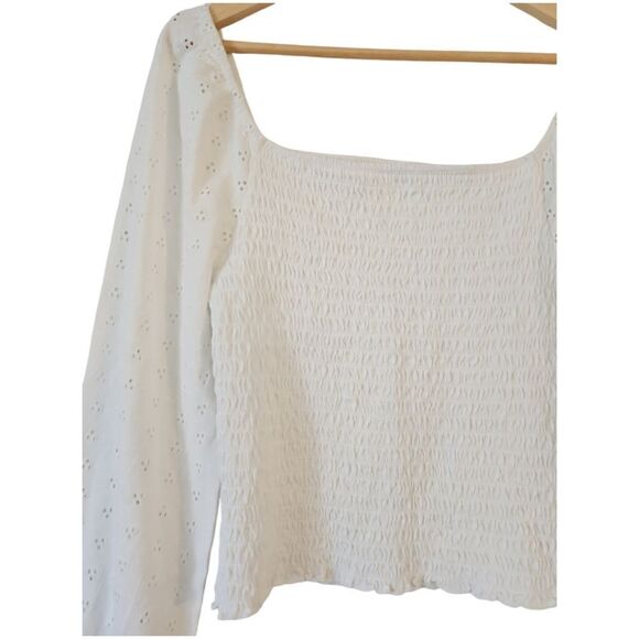 BP Nordstrom Women Eyelet Square Neck Off Shoulder Lantern Sleeve Crop Top White - Picture 4 of 8